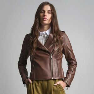 100% Genuine Leather Brown Moto Jacket, size L